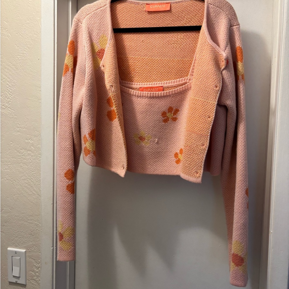 Current Floral Knit Cardigan Set in Pink and Orange
